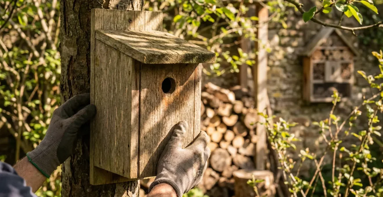 Installation d'abris naturels à différentes hauteurs dans un jardin pour accueillir hérissons et oiseaux