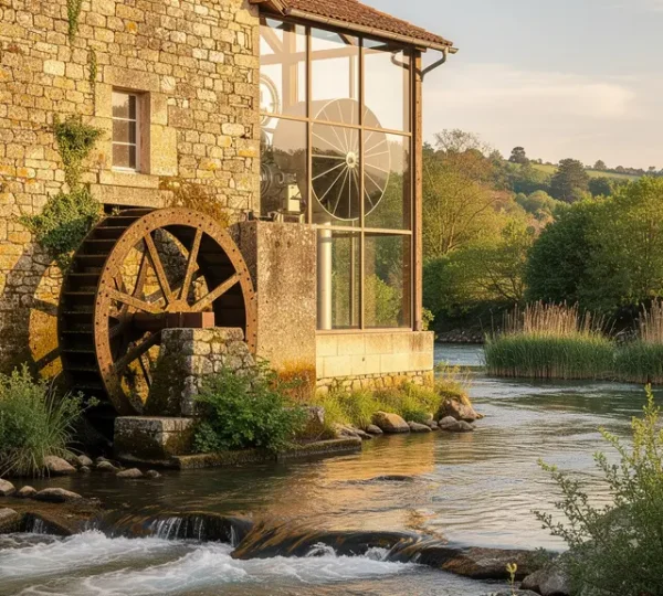 Vue d'un moulin traditionnel en pierre au bord d'une rivière avec roue à aubes et turbine moderne intégrée harmonieusement