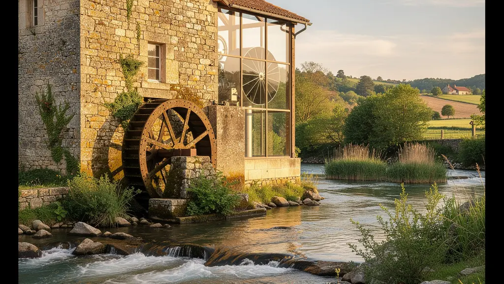 Vue d'un moulin traditionnel en pierre au bord d'une rivière avec roue à aubes et turbine moderne intégrée harmonieusement