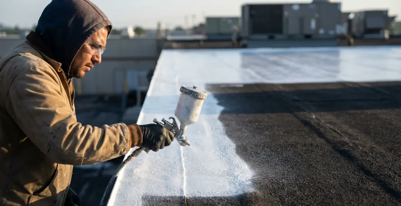 Application professionnelle de peinture blanche réflective sur toiture bitumineuse