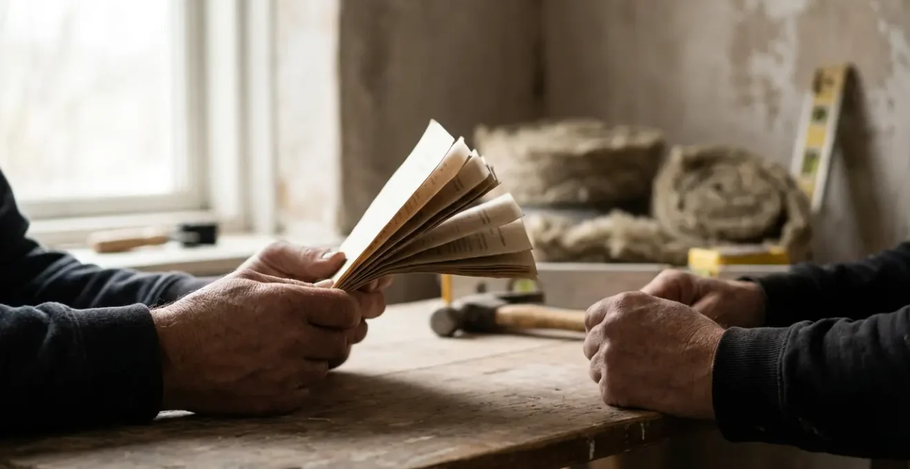 Professionnel du bâtiment examinant un certificat RGE avec outils de travail et matériaux d'isolation en arrière-plan