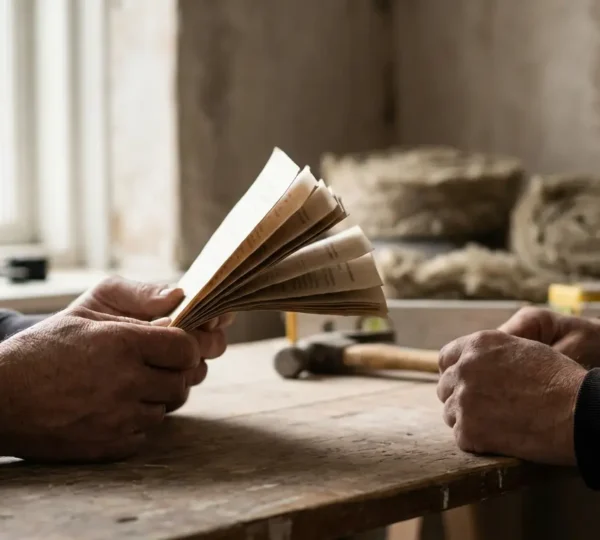 Professionnel du bâtiment examinant un certificat RGE avec outils de travail et matériaux d'isolation en arrière-plan