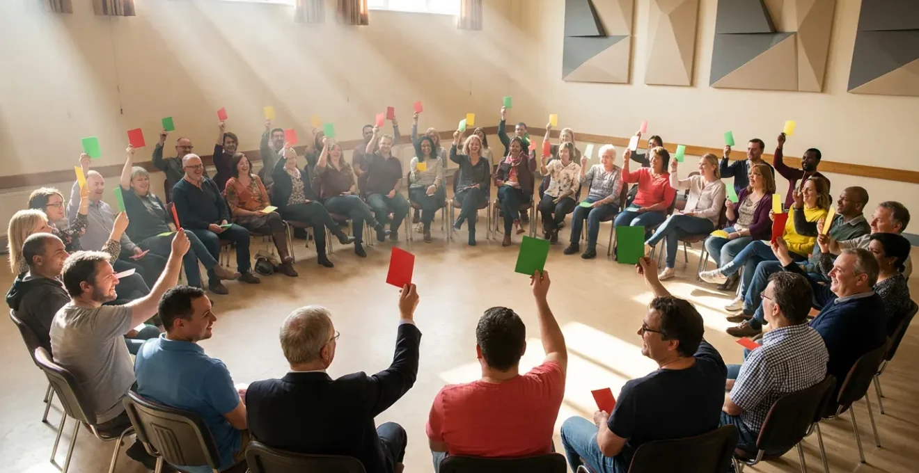 Vue aérienne d'une assemblée générale citoyenne dans une salle municipale française