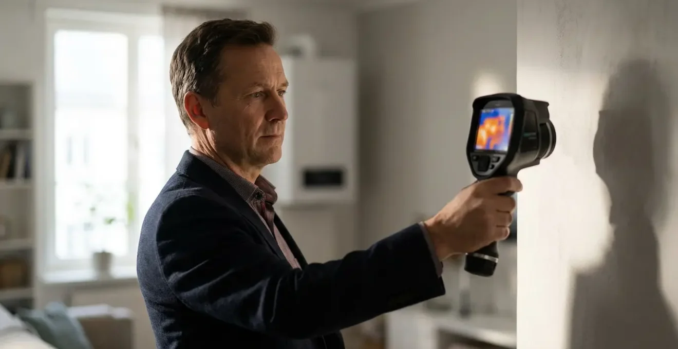 Vue d'architecte analysant des données thermiques d'une maison avec caméra infrarouge et documents d'audit énergétique