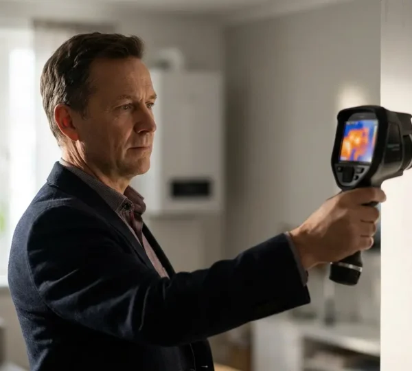 Vue d'architecte analysant des données thermiques d'une maison avec caméra infrarouge et documents d'audit énergétique