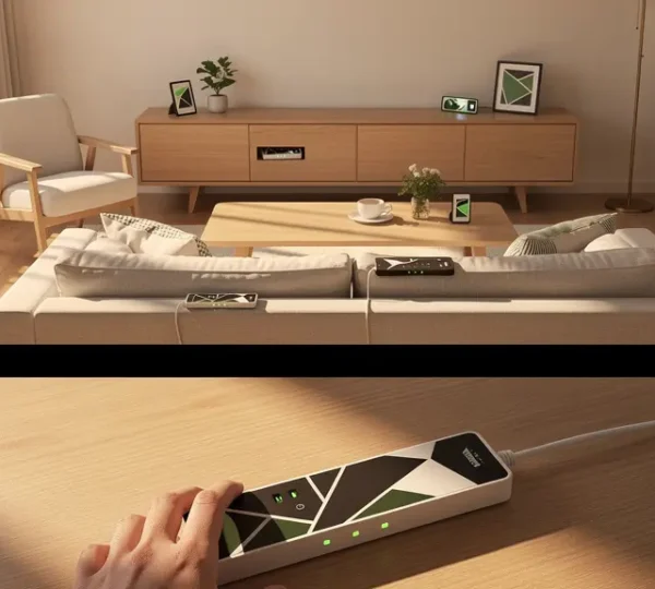 Vue plongeante d'un salon moderne avec éclairage naturel révélant des équipements électroniques en veille, une main posant une multiprise intelligente