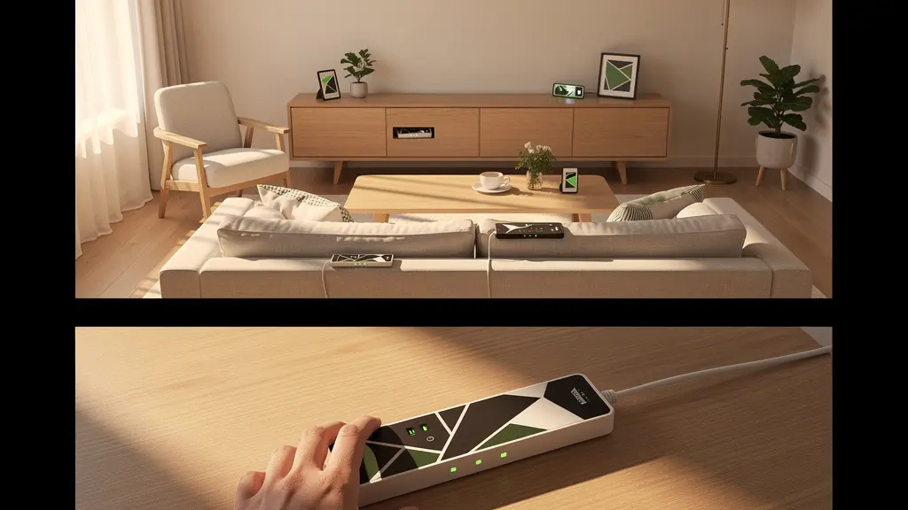 Vue plongeante d'un salon moderne avec éclairage naturel révélant des équipements électroniques en veille, une main posant une multiprise intelligente