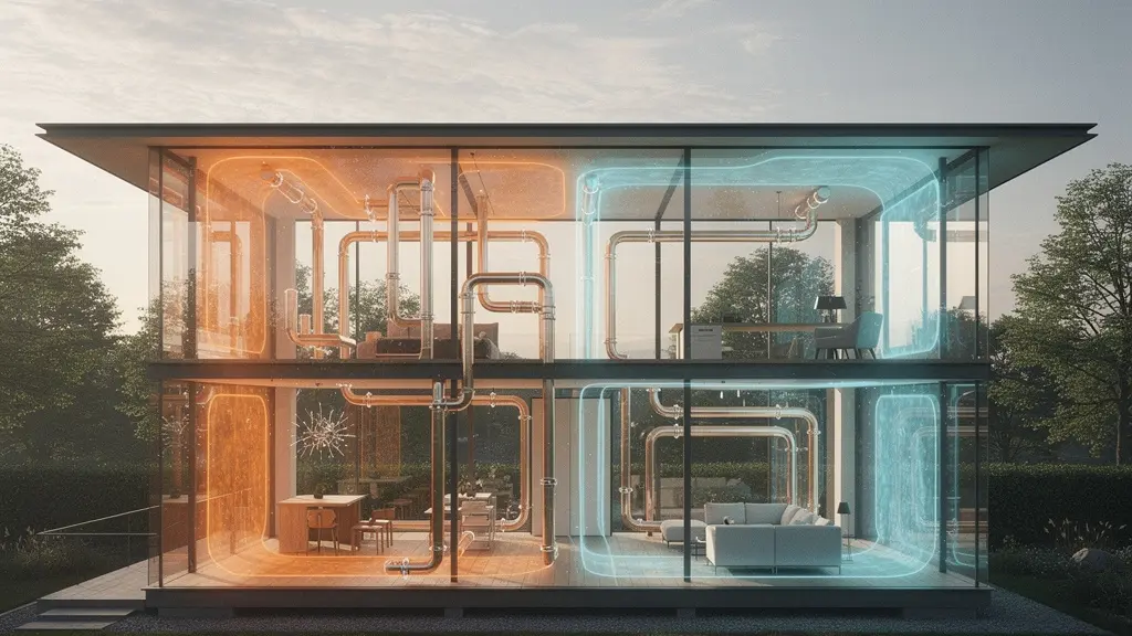 Maison contemporaine avec systèmes thermiques visibles en transparence et zones de chaleur colorées
