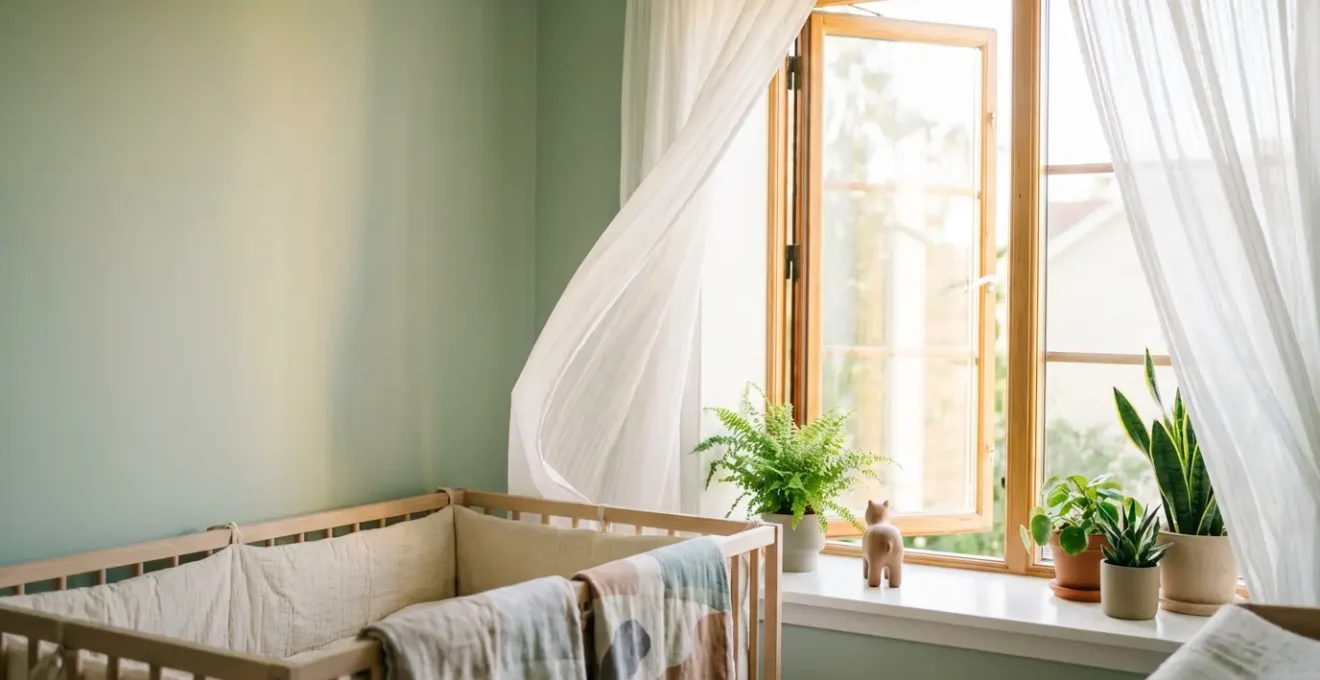 Chambre d'enfant lumineuse avec fenêtre grande ouverte laissant entrer l'air frais et la lumière naturelle