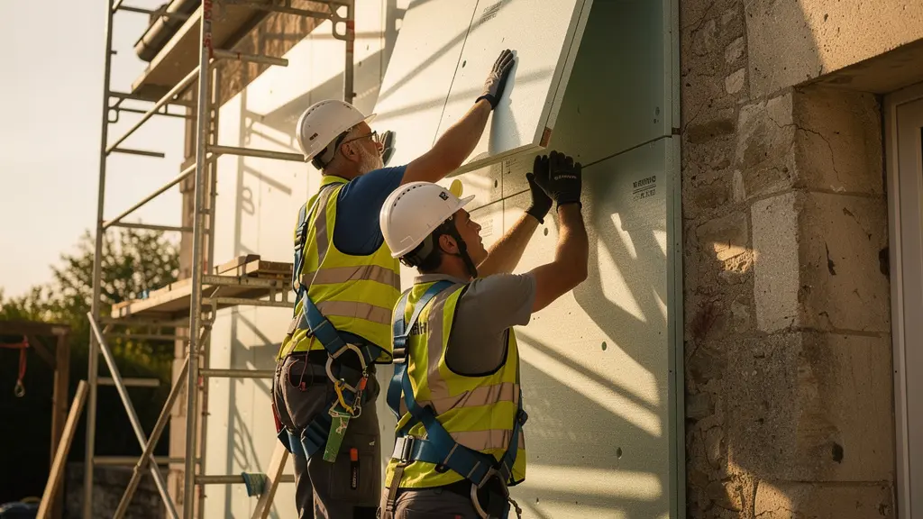 Maison en cours de rénovation énergétique globale avec échafaudages et artisans au travail