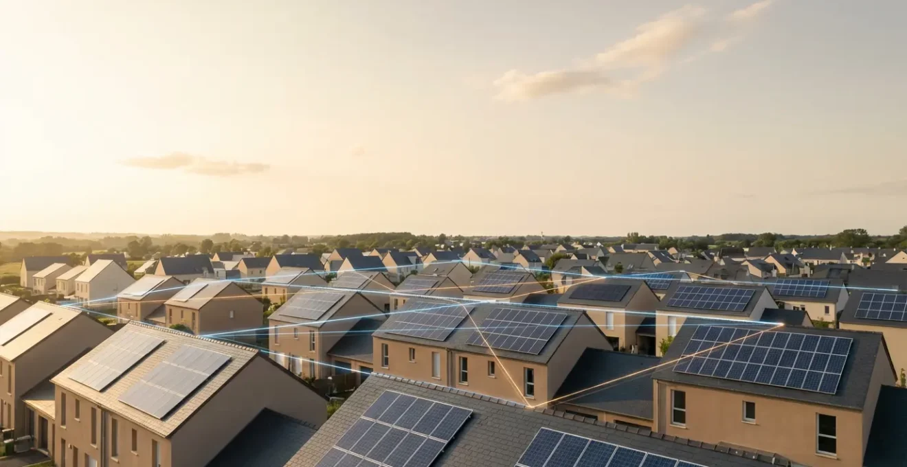 Vue aérienne d'un quartier résidentiel français avec des panneaux solaires sur plusieurs toits interconnectés visuellement par des lignes lumineuses