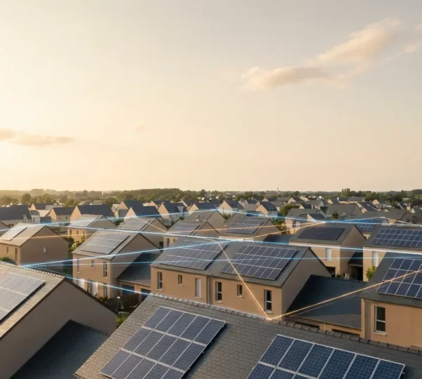 Vue aérienne d'un quartier résidentiel français avec des panneaux solaires sur plusieurs toits interconnectés visuellement par des lignes lumineuses