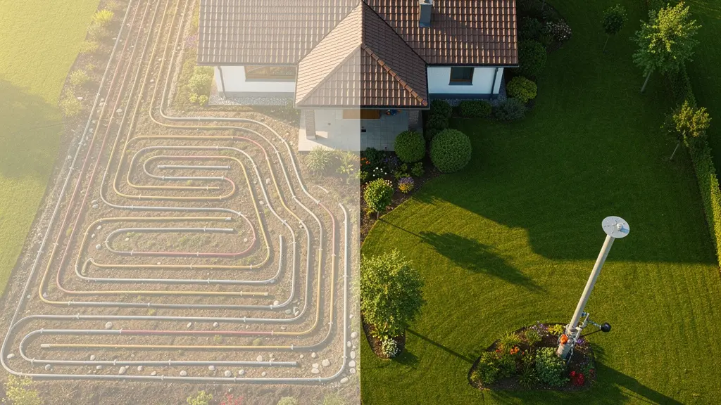 Vue aérienne comparative montrant l'emprise au sol d'un captage horizontal versus vertical