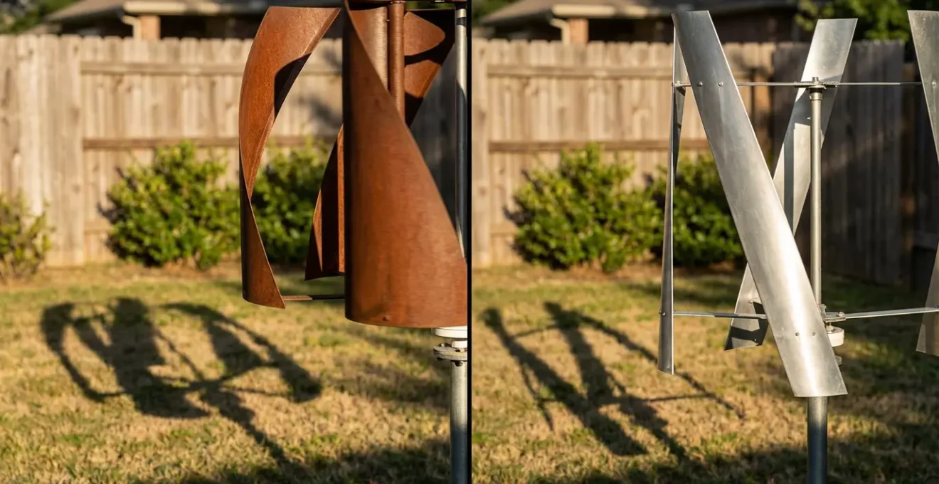Gros plan comparatif de deux éoliennes à axe vertical dans un jardin résidentiel
