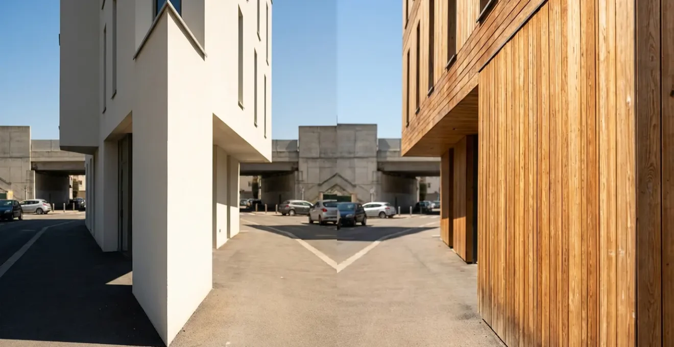 Façade d'immeuble montrant différents traitements thermiques avec bardage bois et enduit clair