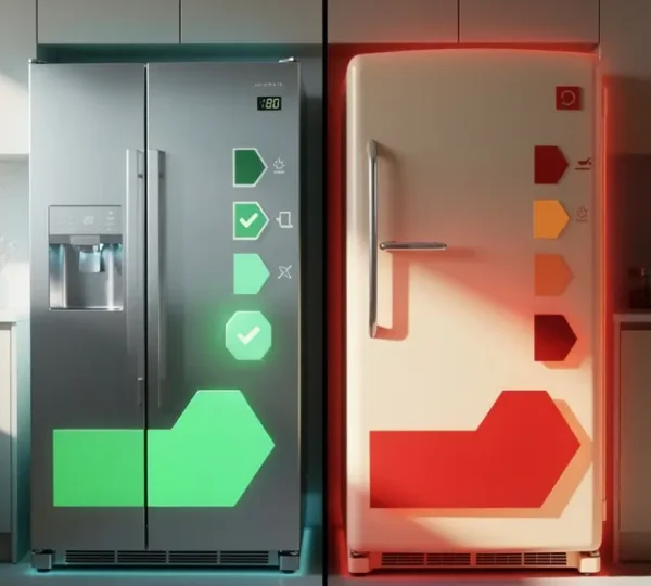 Vue comparative de deux réfrigérateurs avec étiquettes énergétiques dans une cuisine moderne
