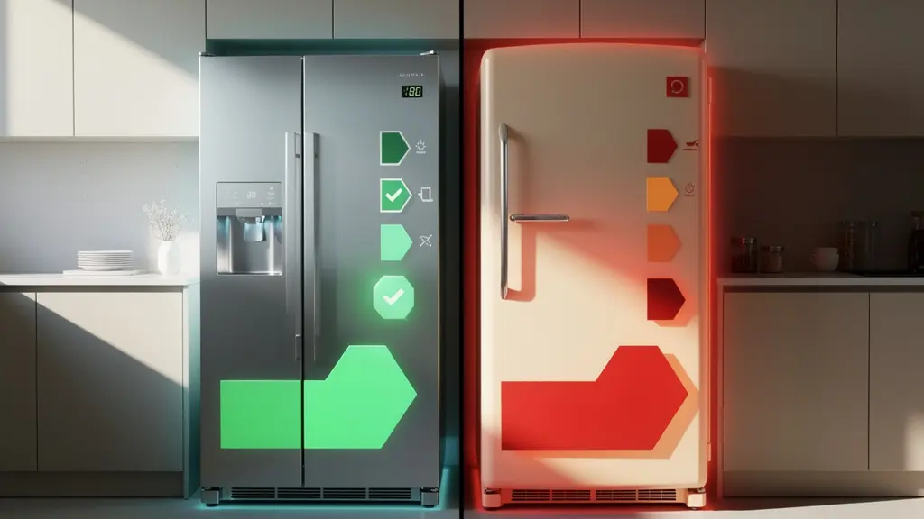 Vue comparative de deux réfrigérateurs avec étiquettes énergétiques dans une cuisine moderne