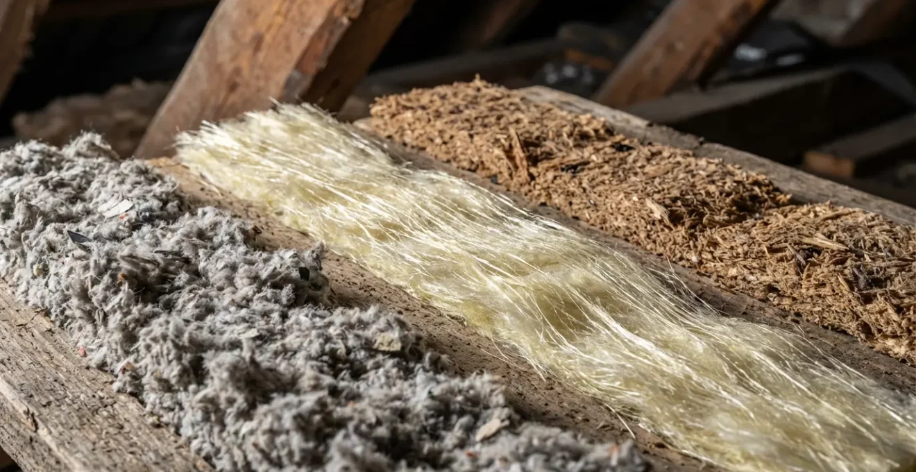 Vue comparative d'échantillons d'isolants naturels disposés sur une surface en bois avec focus sur les textures différentes