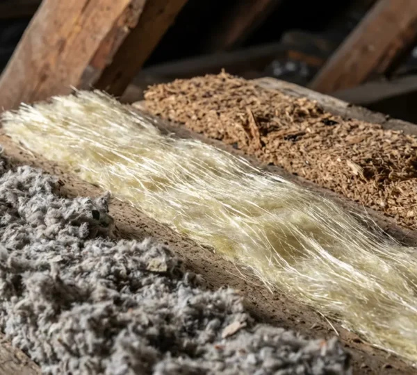 Vue comparative d'échantillons d'isolants naturels disposés sur une surface en bois avec focus sur les textures différentes