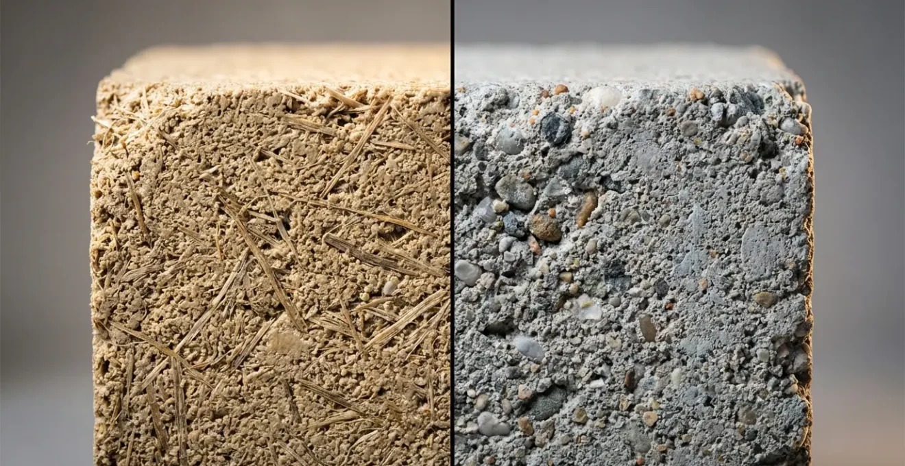 Échantillons de béton de chanvre et béton traditionnel côte à côte montrant la différence de texture