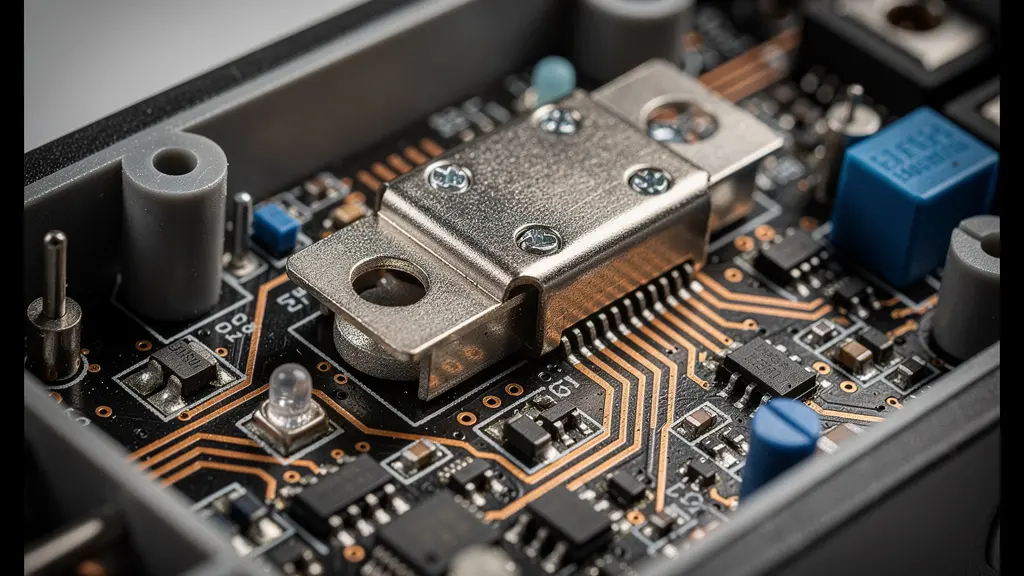 Gros plan macro sur les mécanismes internes d'une multiprise intelligente avec circuits électroniques visibles et textures métalliques