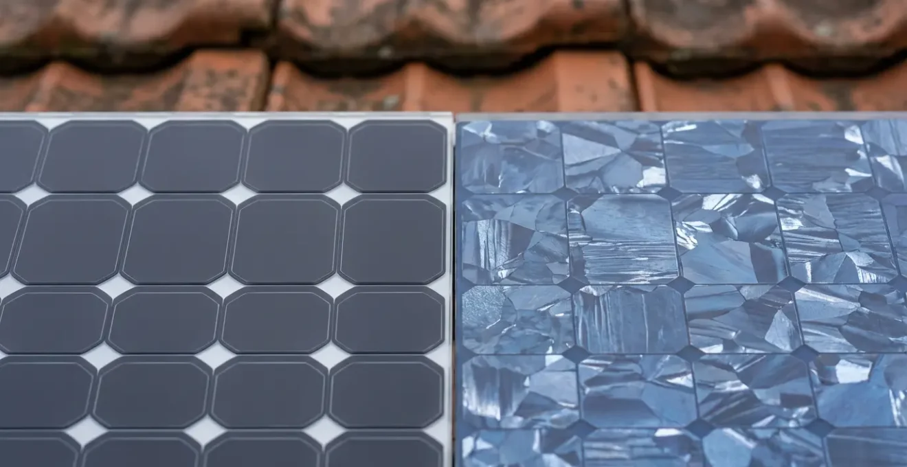Vue rapprochée comparative de cellules monocristallines et polycristallines sur une toiture