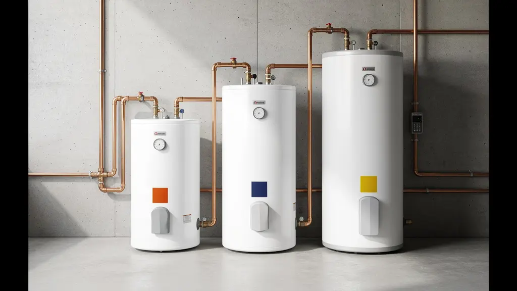 Comparaison visuelle de différentes tailles de ballons d'eau chaude dans un espace technique