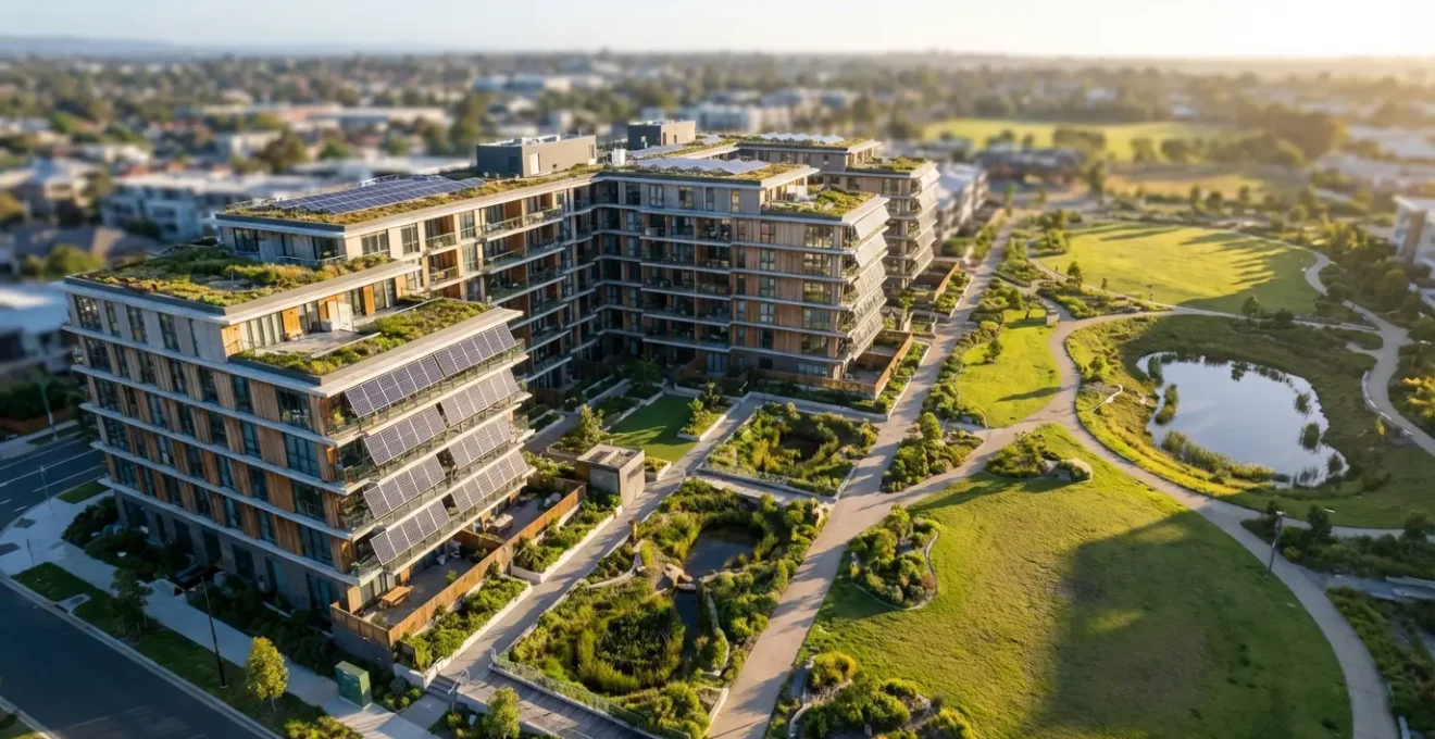 Vue aérienne d'une copropriété moderne intégrant des solutions d'adaptation climatique avec toitures végétalisées et espaces verts