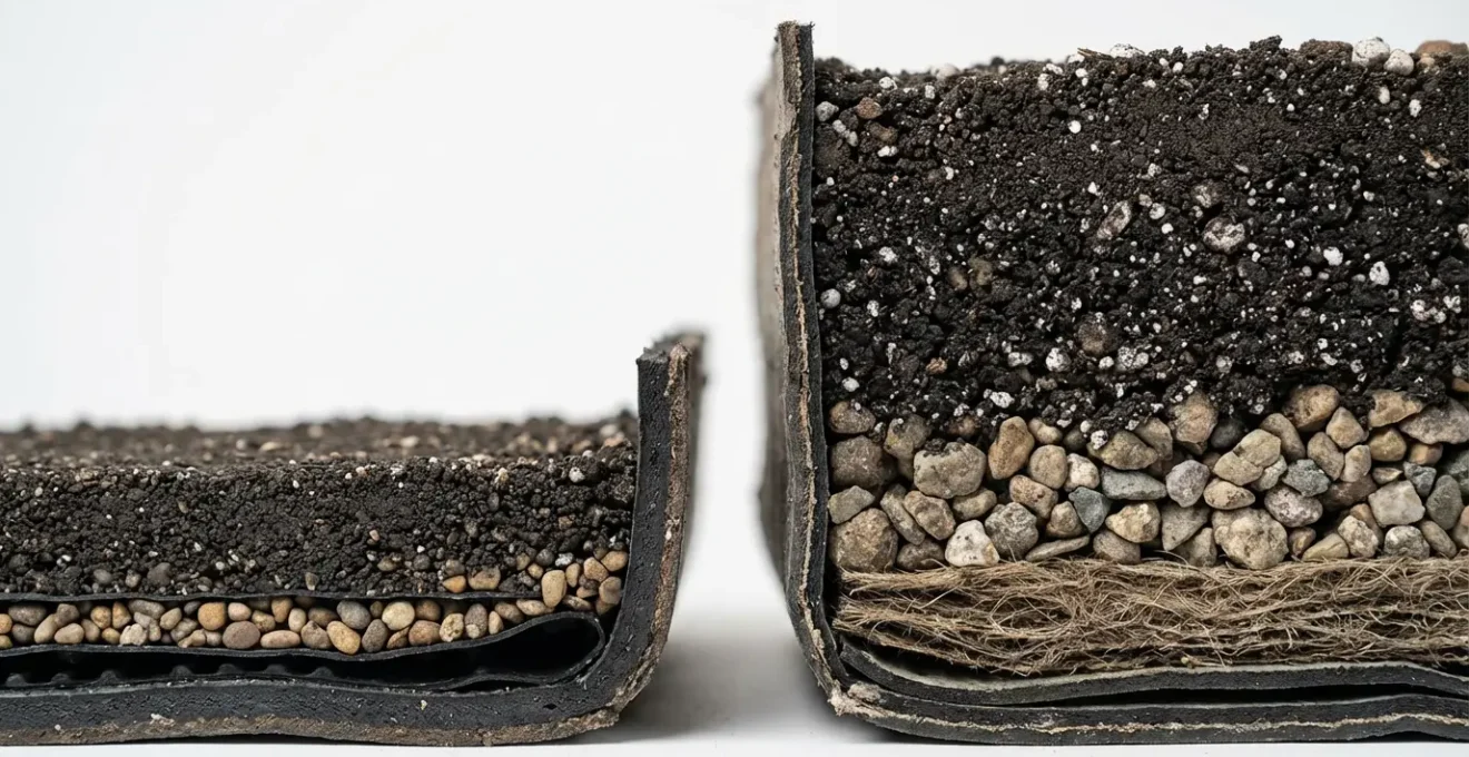 Coupe technique montrant les différentes épaisseurs de substrat entre toiture extensive et intensive