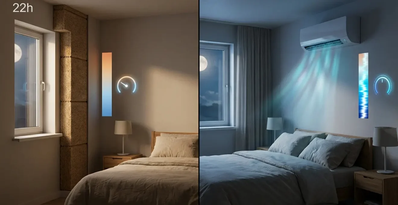 Graphique comparant la courbe de température d'une chambre isolée à la laine de bois versus une chambre climatisée