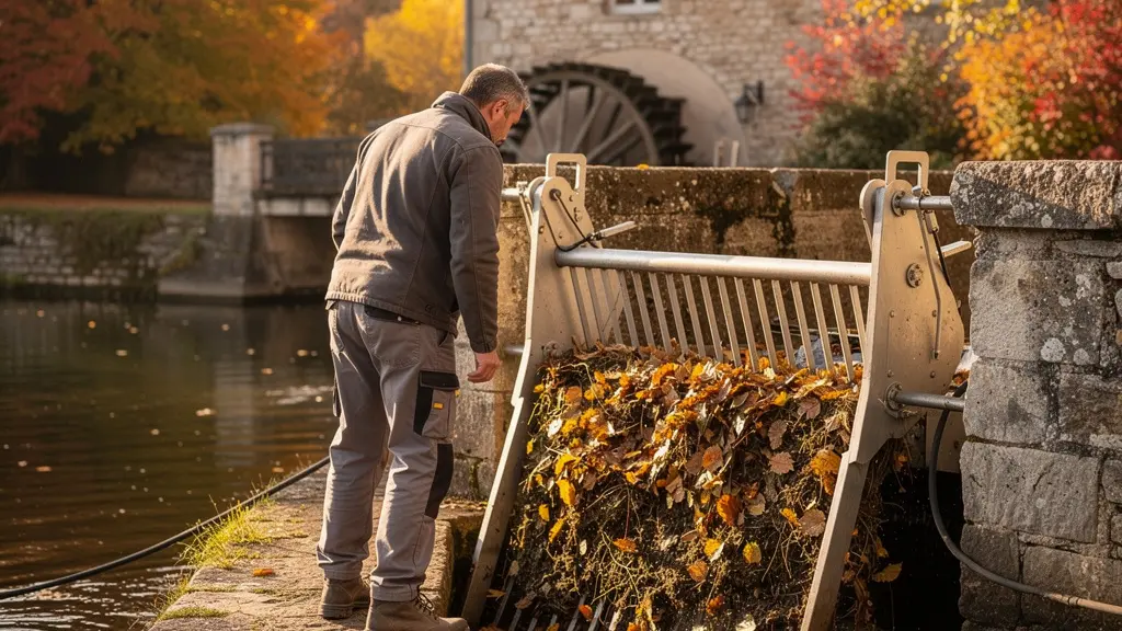 Système de dégrilleur automatique installé sur la prise d'eau d'un moulin avec feuilles d'automne