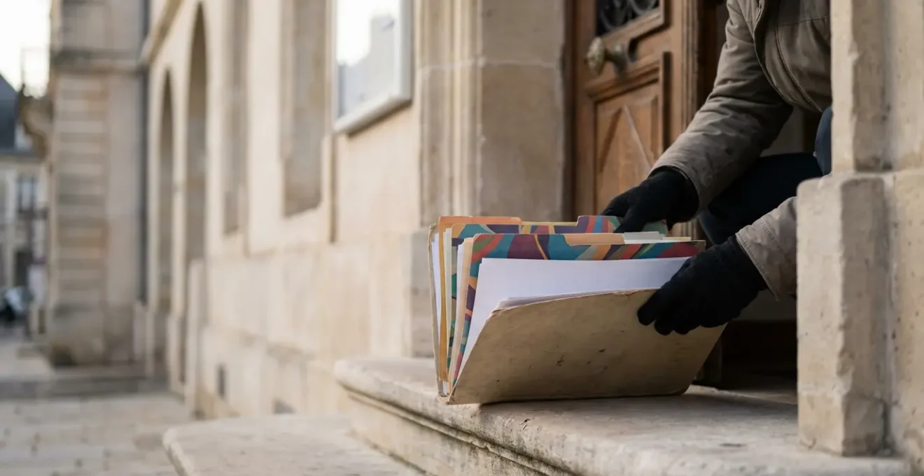 Main tenant un dossier de documents administratifs devant l'entrée d'une mairie française