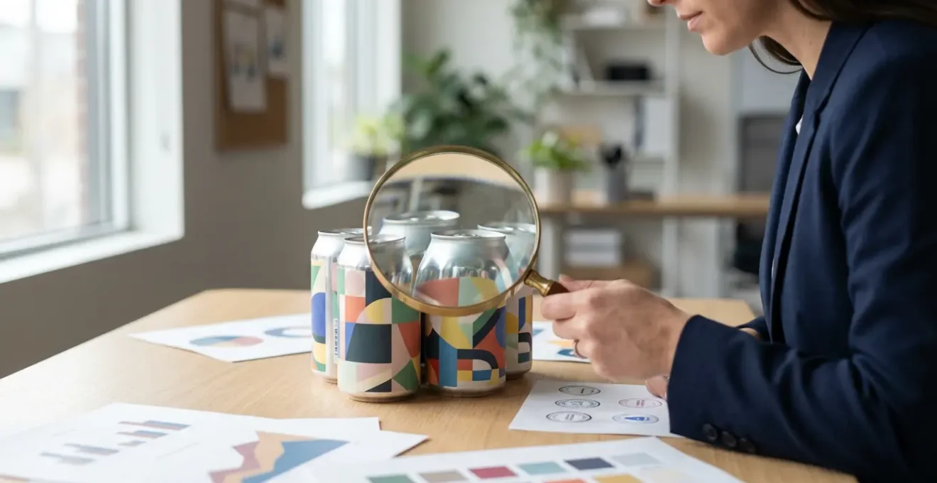 Personne analysant minutieusement des étiquettes de produits avec une loupe dans un environnement de bureau lumineux