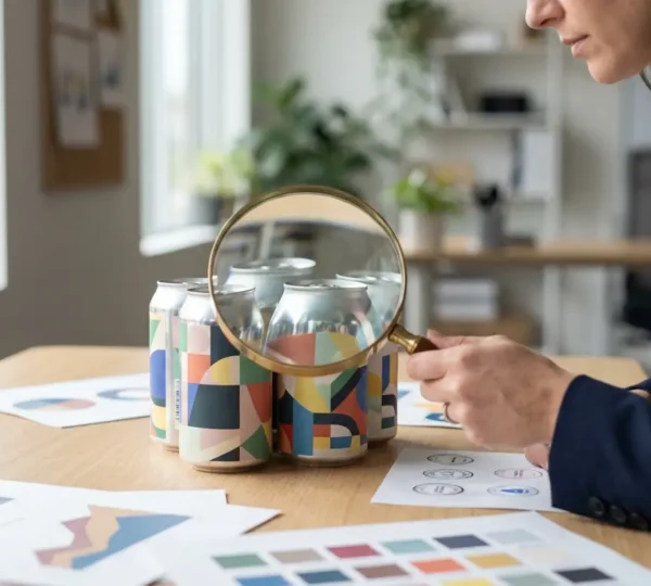 Personne analysant minutieusement des étiquettes de produits avec une loupe dans un environnement de bureau lumineux