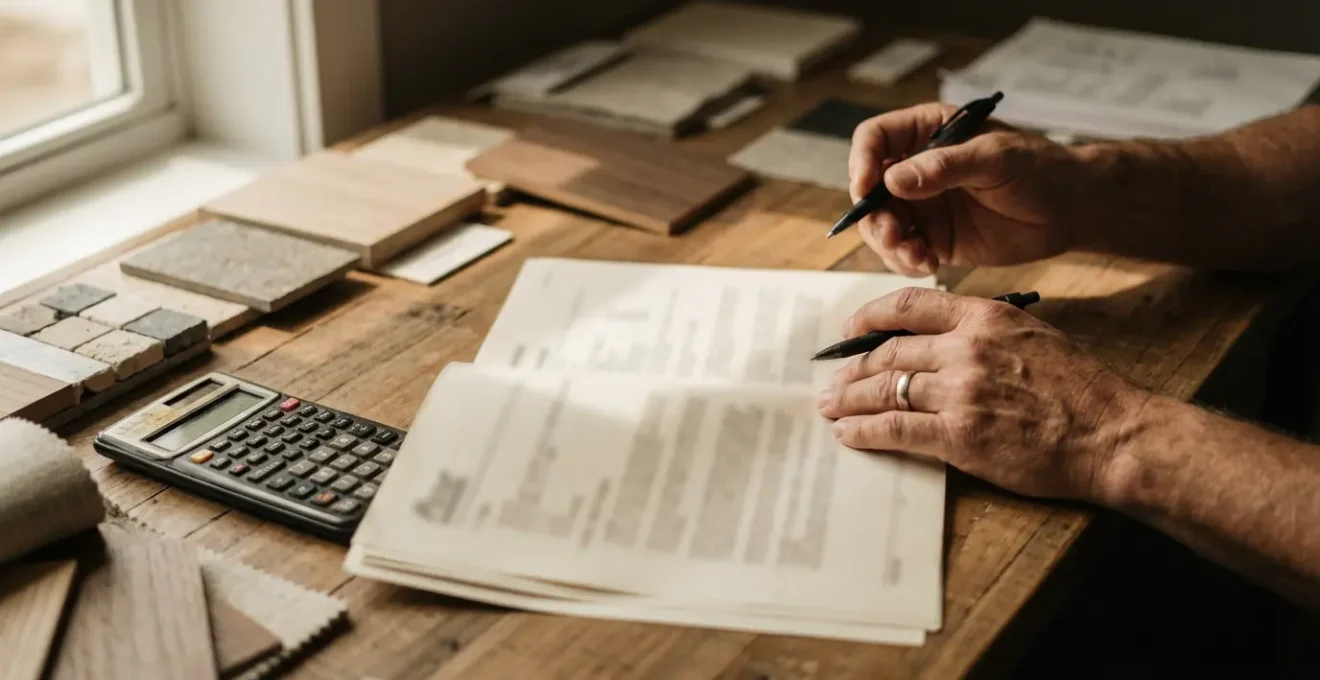 Main tenant un stylo au-dessus d'un devis flou avec calculatrice et échantillons de matériaux sur une table