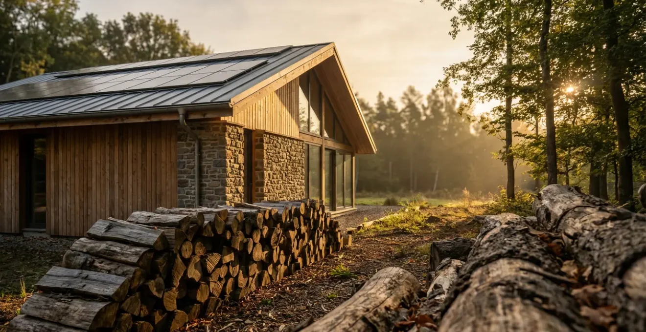 Maison moderne avec panneau solaire sur le toit et bois de chauffage rangé, éclairée par la lumière dorée du coucher de soleil