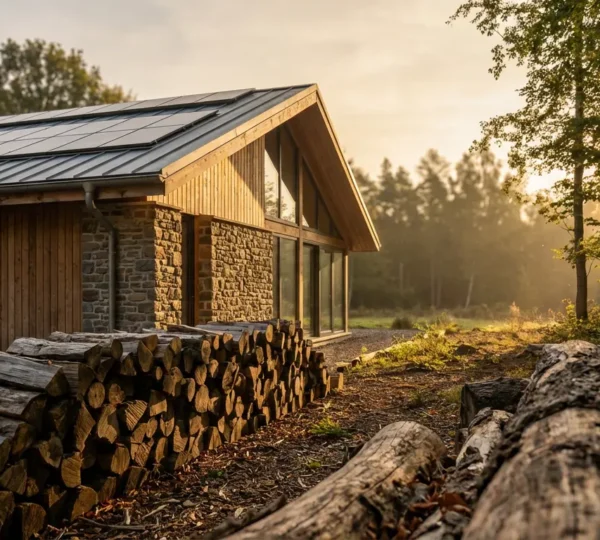 Maison moderne avec panneau solaire sur le toit et bois de chauffage rangé, éclairée par la lumière dorée du coucher de soleil