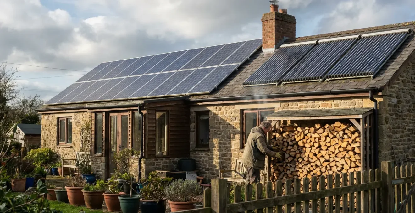 Vue d'ensemble d'une maison autonome montrant différentes sources d'énergie : panneaux solaires, chauffe-eau solaire, cheminée et réserve de bois