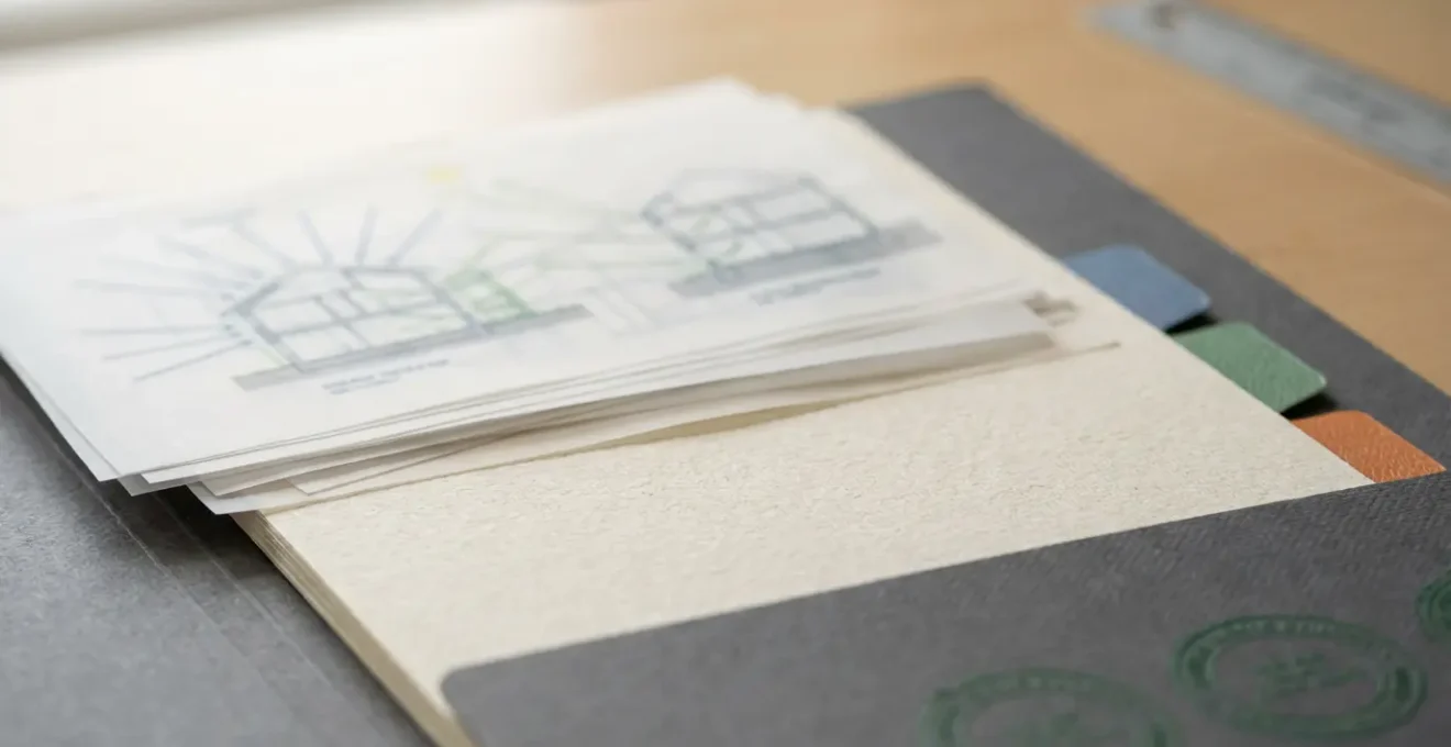 Dossier technique ouvert montrant des plans et documents de rénovation énergétique
