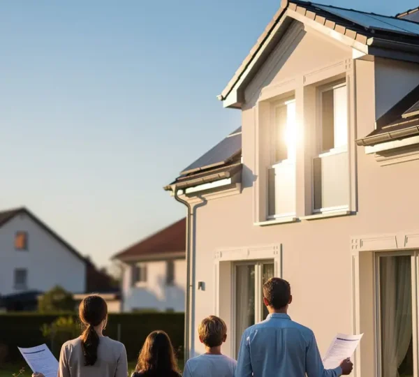Vue d'une maison rénovée énergétiquement avec panneaux solaires et isolation moderne, sous un ciel bleu lumineux