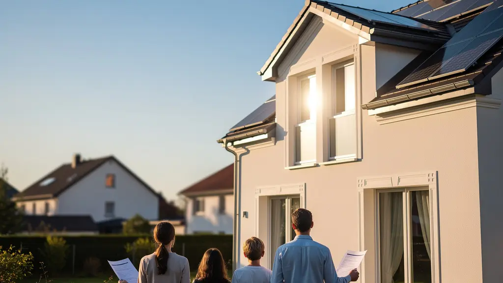 Vue d'une maison rénovée énergétiquement avec panneaux solaires et isolation moderne, sous un ciel bleu lumineux