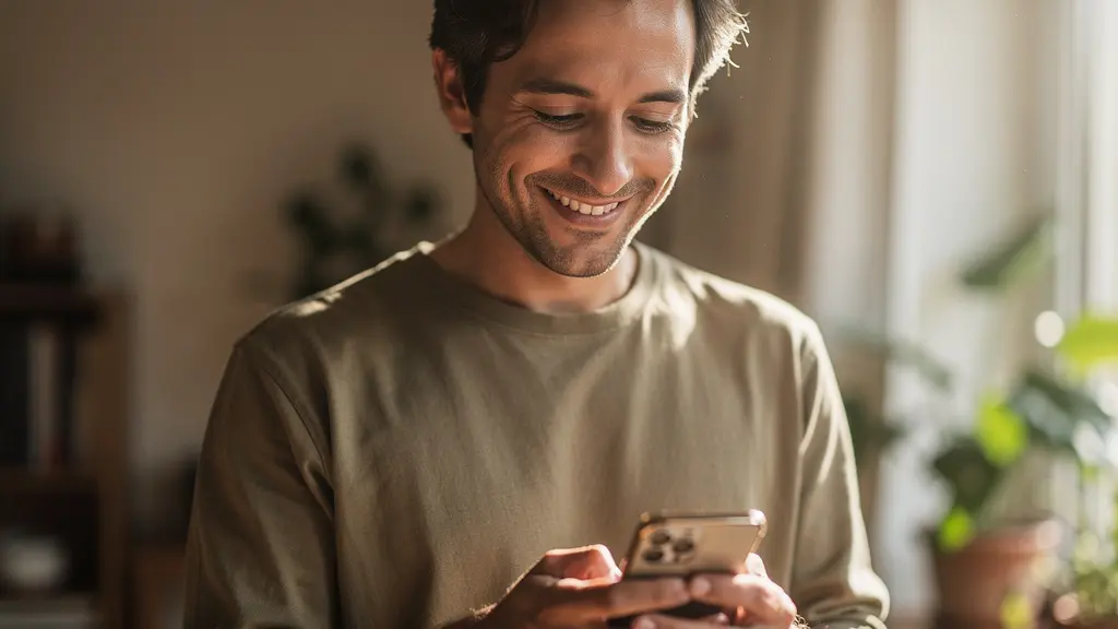 Portrait d'une personne souriante consultant une application mobile montrant des graphiques d'économies d'énergie dans un intérieur chaleureux