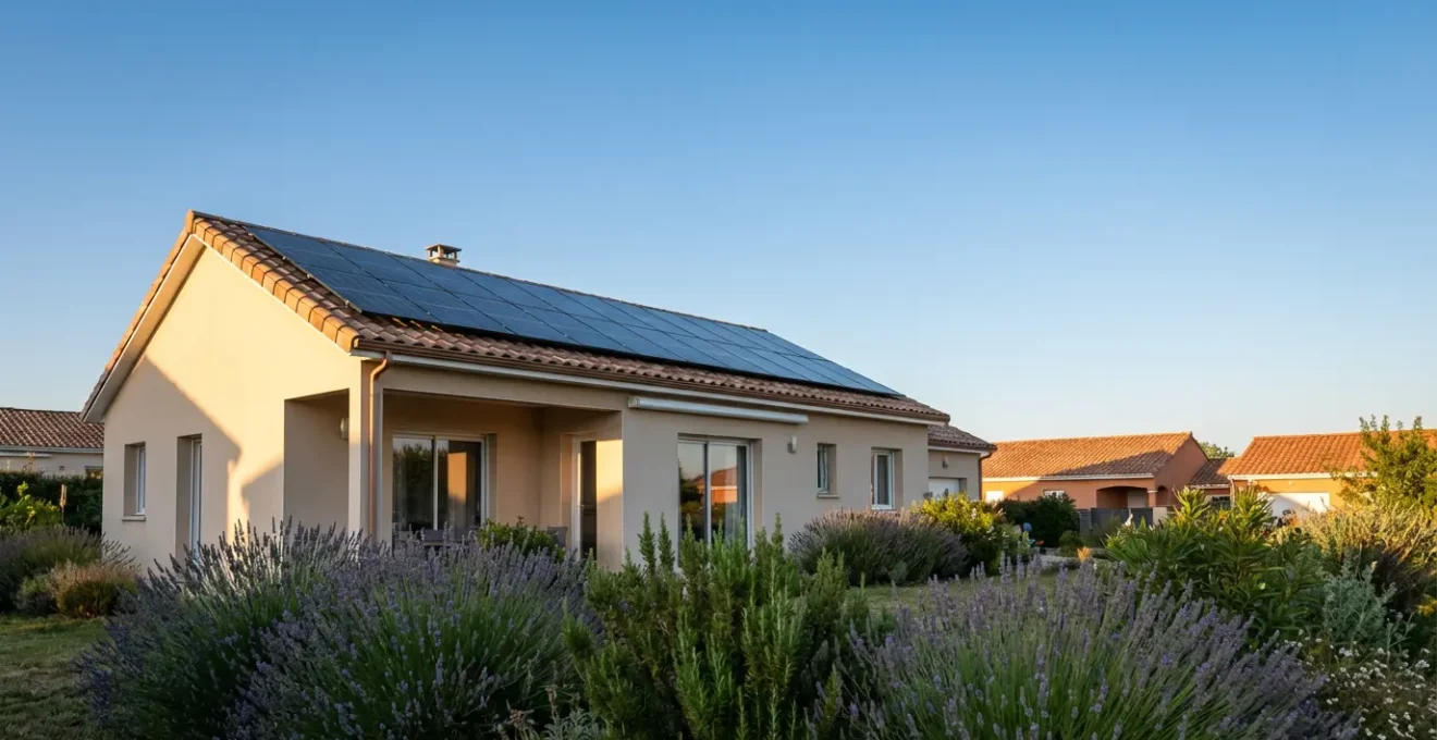 Installation photovoltaïque de 3kWc sur toiture résidentielle produisant de l'électricité par temps ensoleillé