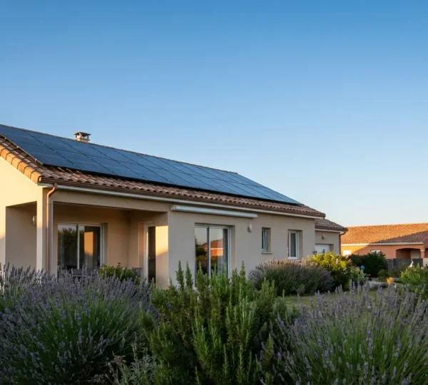 Installation photovoltaïque de 3kWc sur toiture résidentielle produisant de l'électricité par temps ensoleillé