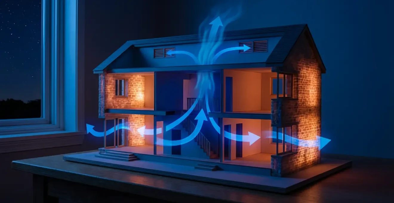Schéma de circulation d'air nocturne dans une maison montrant l'effet cheminée