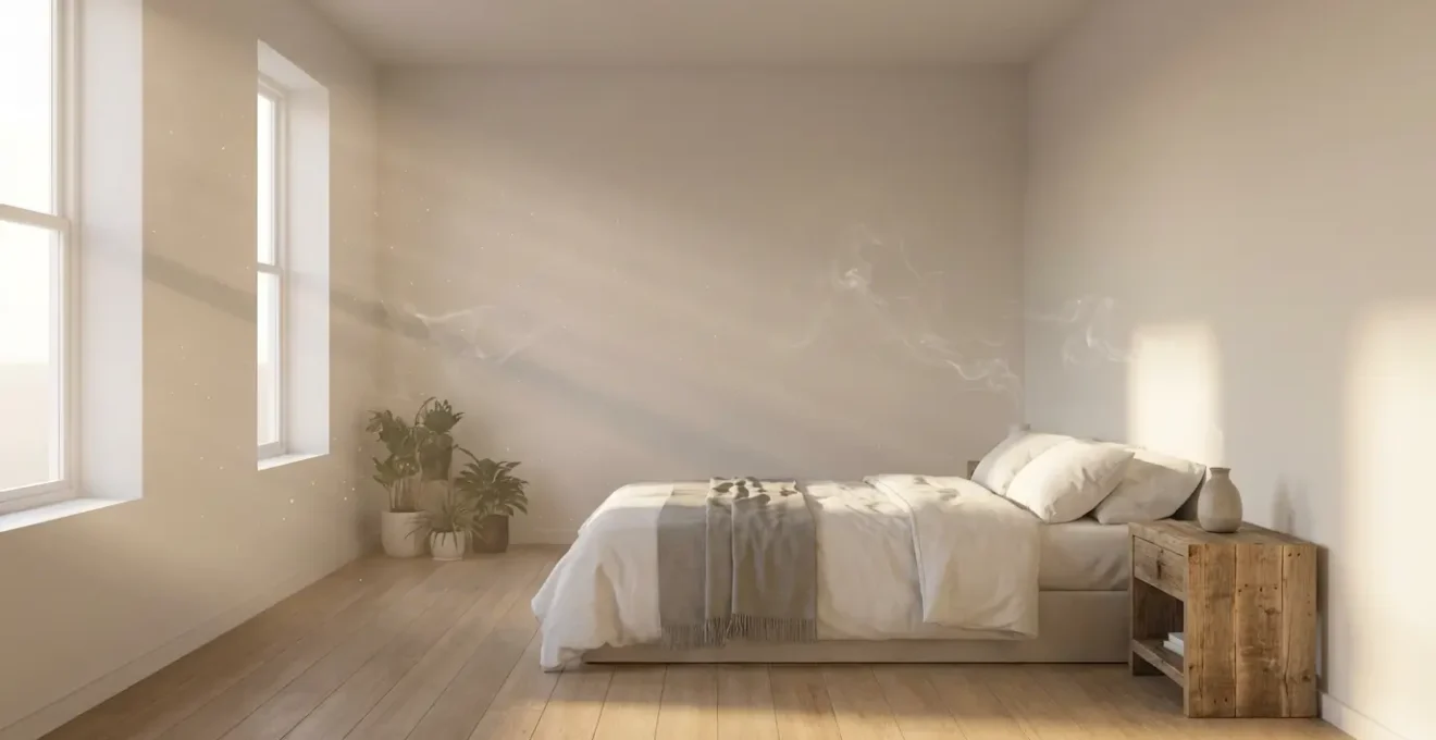 Représentation visuelle des émissions invisibles de polluants dans une chambre au fil du temps