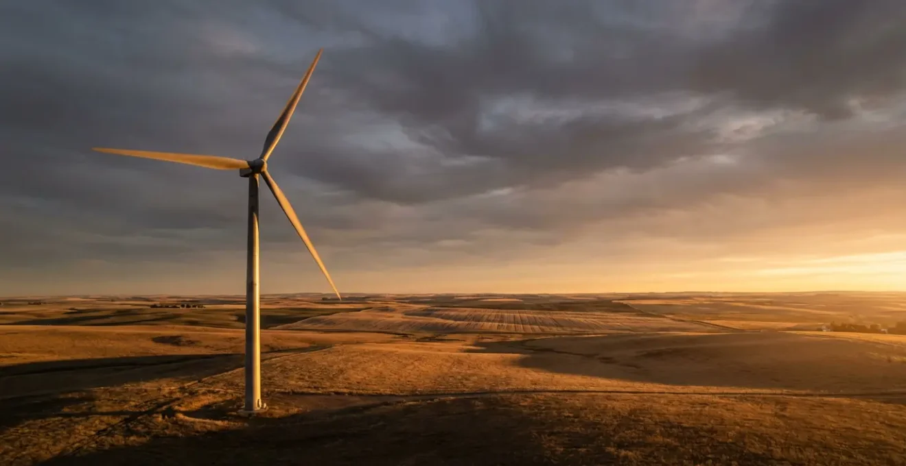 Éolienne domestique installée dans un paysage rural venteux avec ciel nuageux dynamique.
