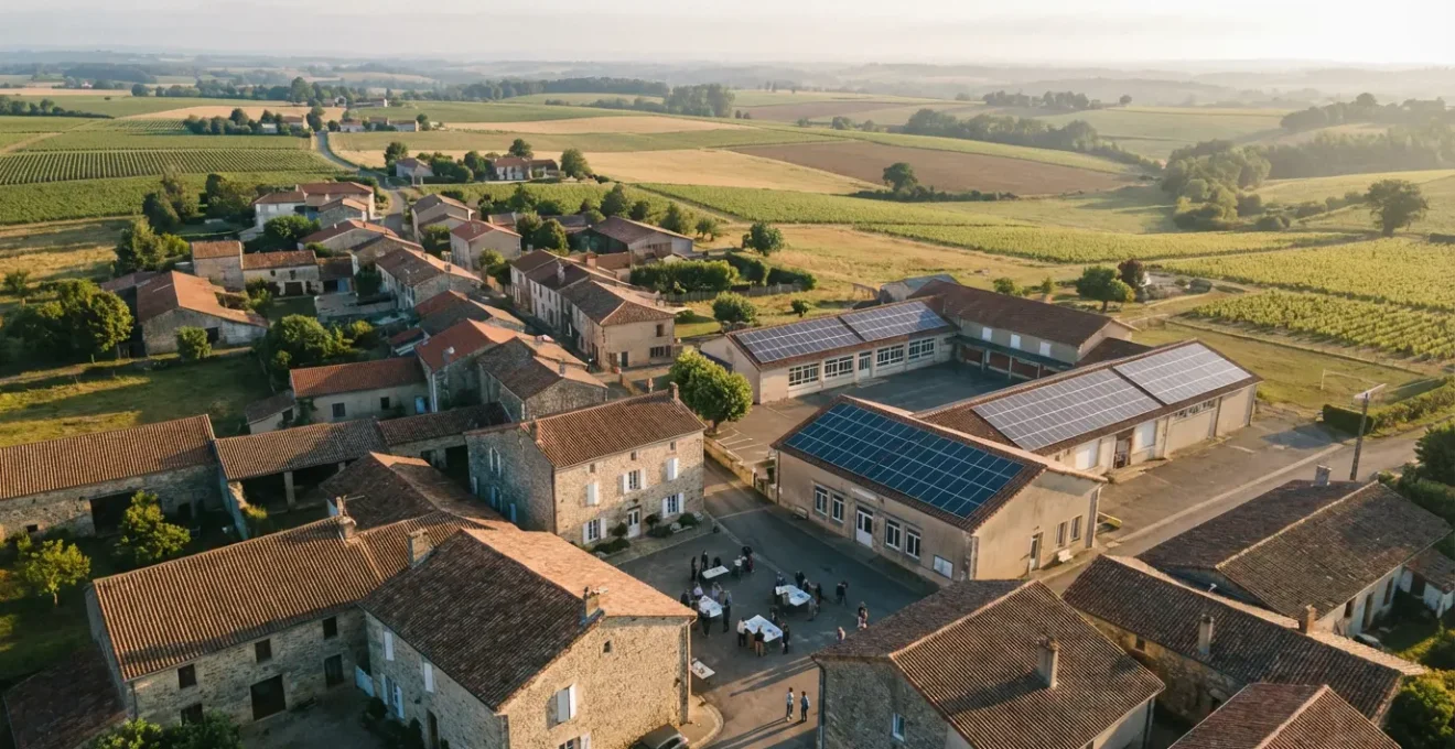 Citoyens examinant des panneaux solaires sur le toit d'une école avec une vue sur la campagne française