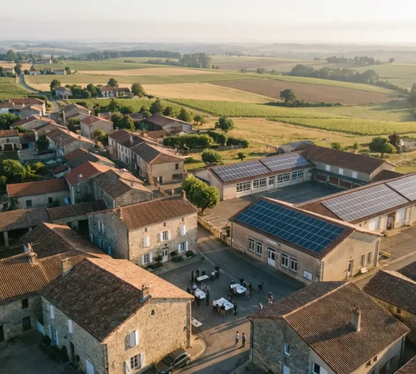 Citoyens examinant des panneaux solaires sur le toit d'une école avec une vue sur la campagne française
