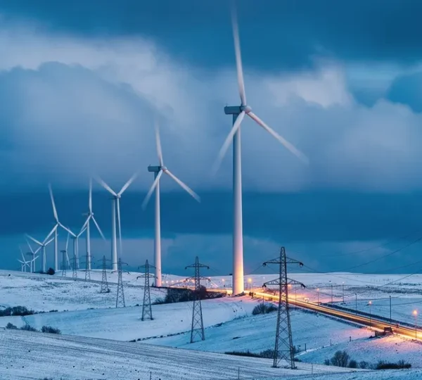 Parc éolien enneigé au crépuscule avec lignes électriques haute tension illuminées en arrière-plan